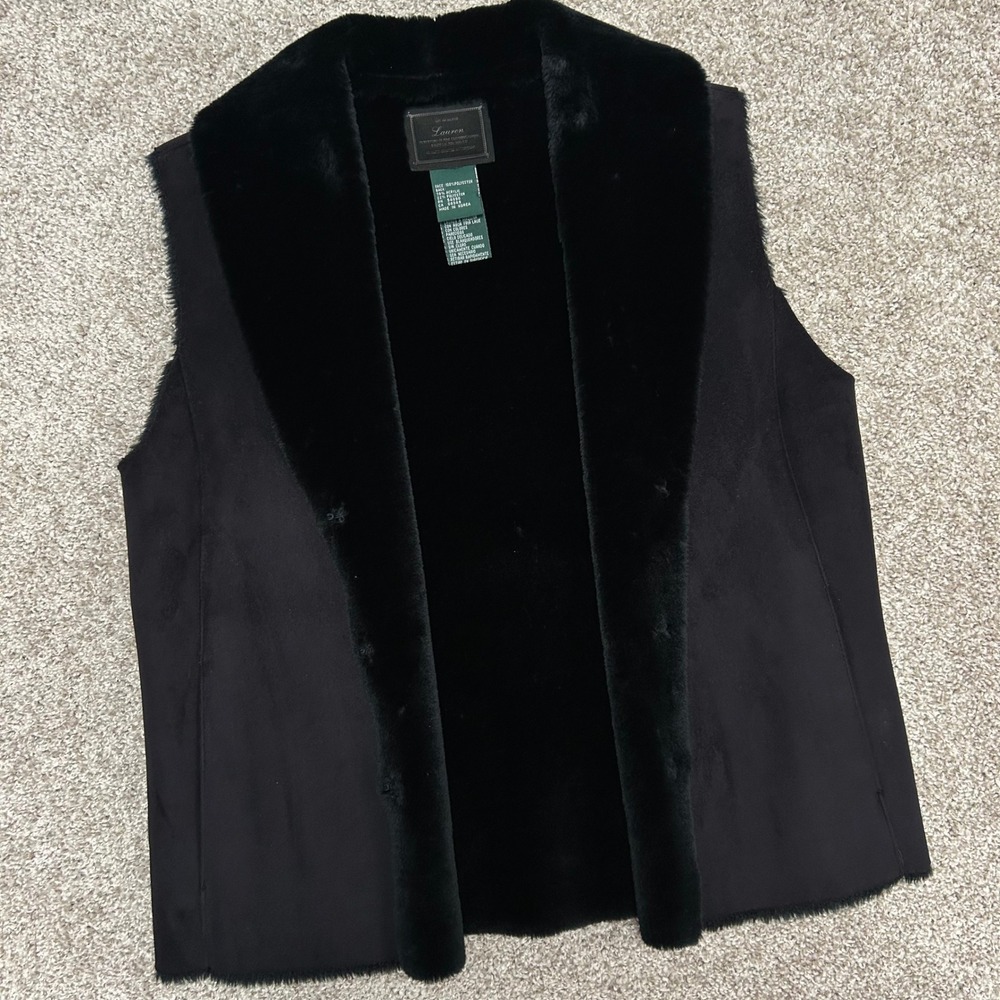 Lauren Ralph Lauren Vintage‎ Faux Fur Suede Vest Women Size Medium Black